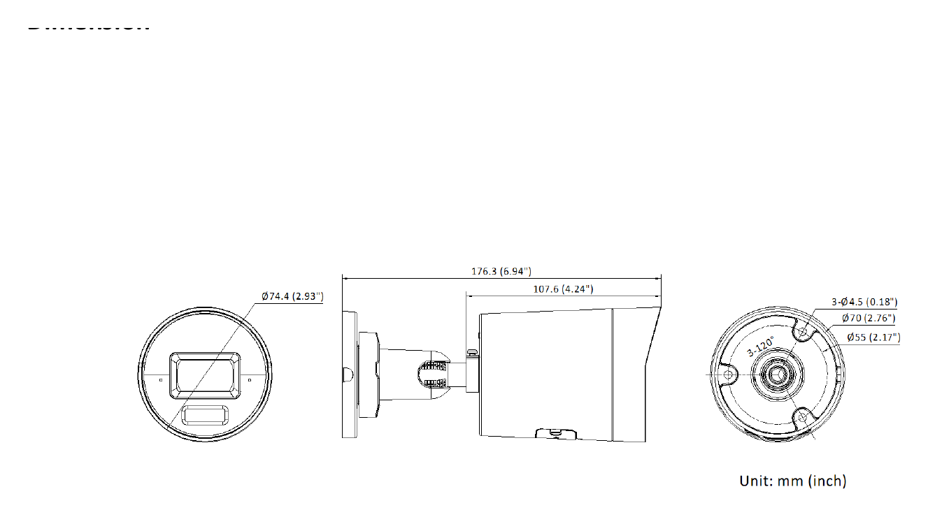 DS-2CD3086G3-LIUY 外形尺寸圖 Ø 74.4 mm × 176.3 mm (Ø 2.9" × 6.9") Package 234 mm × 120 mm × 117 mm (9.2" × 4.7" × 4.6")｜Unit: mm