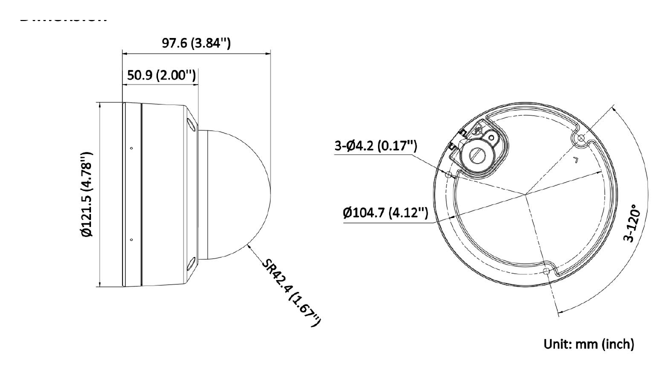 DS-2CD3121G2-LIUF/UHK 外形尺寸圖 Ø 121.5 mm × 97.6 mm (Ø 4.78" × 3.84")｜重量 Approx. 490 g (1.1 lb.)｜Unit: mm