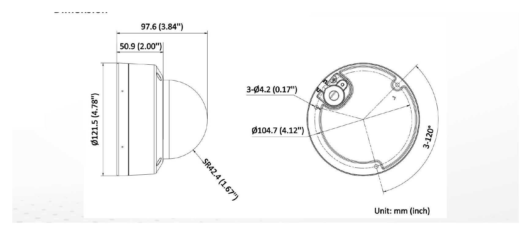 DS-2CD3121G2E-LIU 外形尺寸圖 Ø 121.5 mm × 97.6 mm (Ø 4.78" × 3.84")｜重量 Approx. 490 g (1.1 lb.)｜Unit: mm
