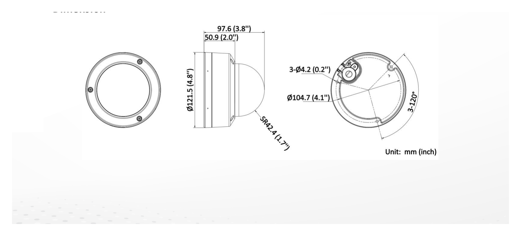DS-2CD3123G2-ISU-B 外形尺寸圖 Ø 121.5 mm × 97.6 mm (Ø 4.78" × 3.84")｜重量 Approx. 600 g (1.3 lb.)｜Unit: mm