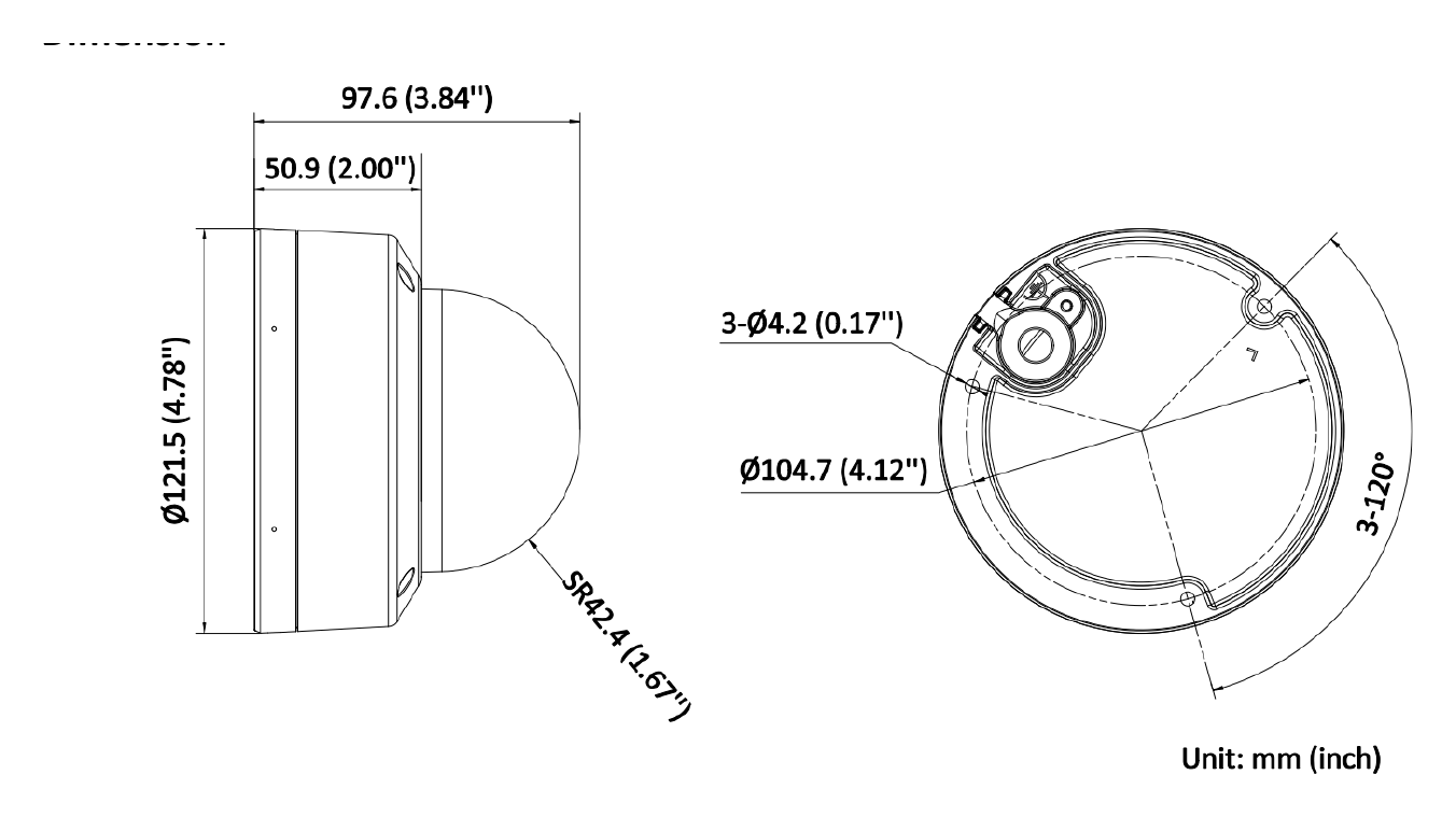 DS-2CD3123G2-LISU 外形尺寸圖 Ø 121.5 mm × 97.6 mm (Ø 4.78" × 3.84")｜重量 Approx. 600 g (1.3 lb.)｜Unit: mm