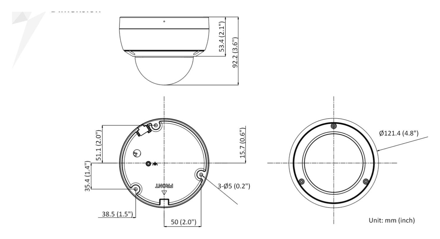 DS-2CD3126G2-ISU-C 外形尺寸圖 Ø 121.4 mm × 92.2 mm (Ø 4.8" × 3.6")｜重量 Approx. 580 g (1.2 lb.)｜Unit: mm