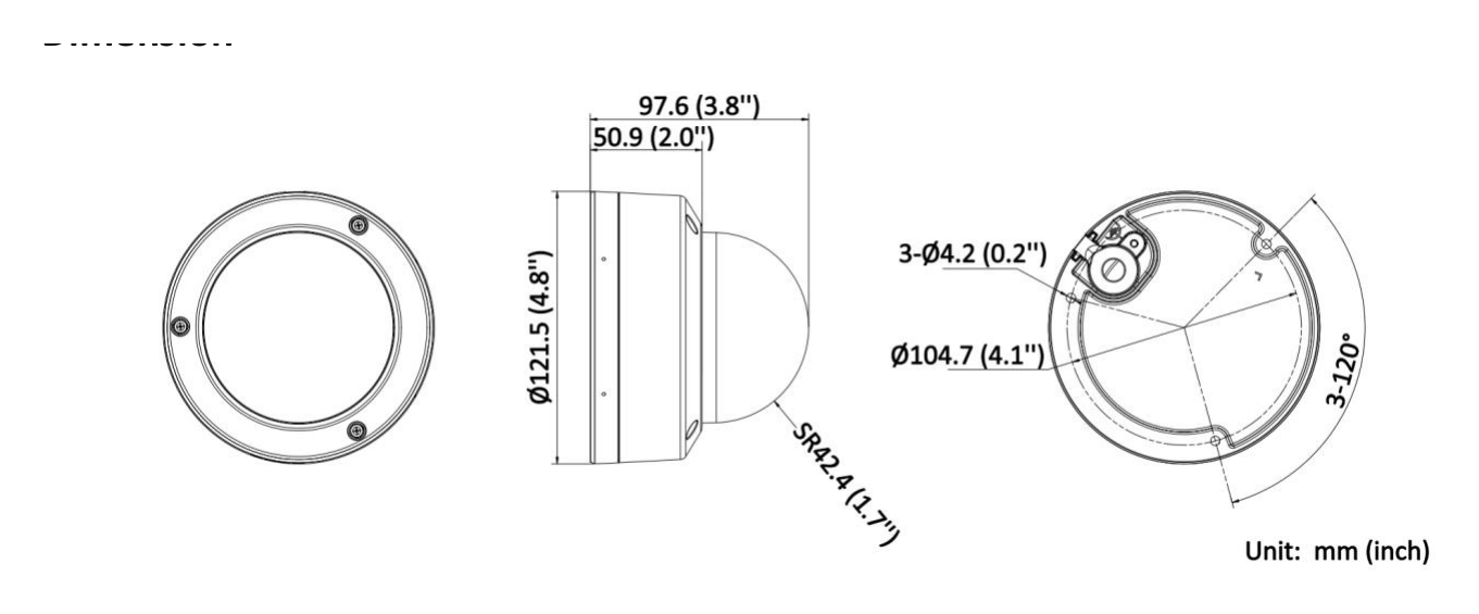 DS-2CD3143G2-ISU-B 外形尺寸圖 Ø 121.5 mm × 97.6 mm (Ø 4.78" × 3.84")｜重量 Approx. 600 g (1.3 lb.)｜Unit: mm