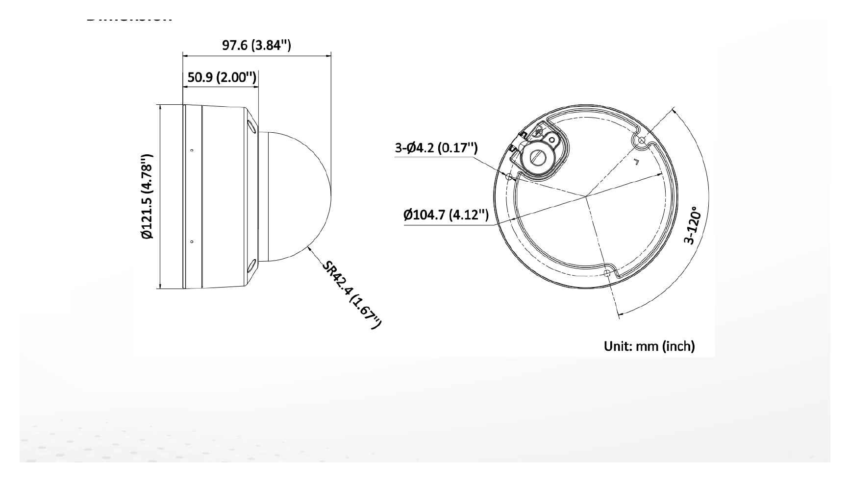 DS-2CD3143G2-LISU 外形尺寸圖 Ø 121.5 mm × 97.6 mm (Ø 4.78" × 3.84")｜重量 Approx. 600 g (1.3 lb.)｜Unit: mm