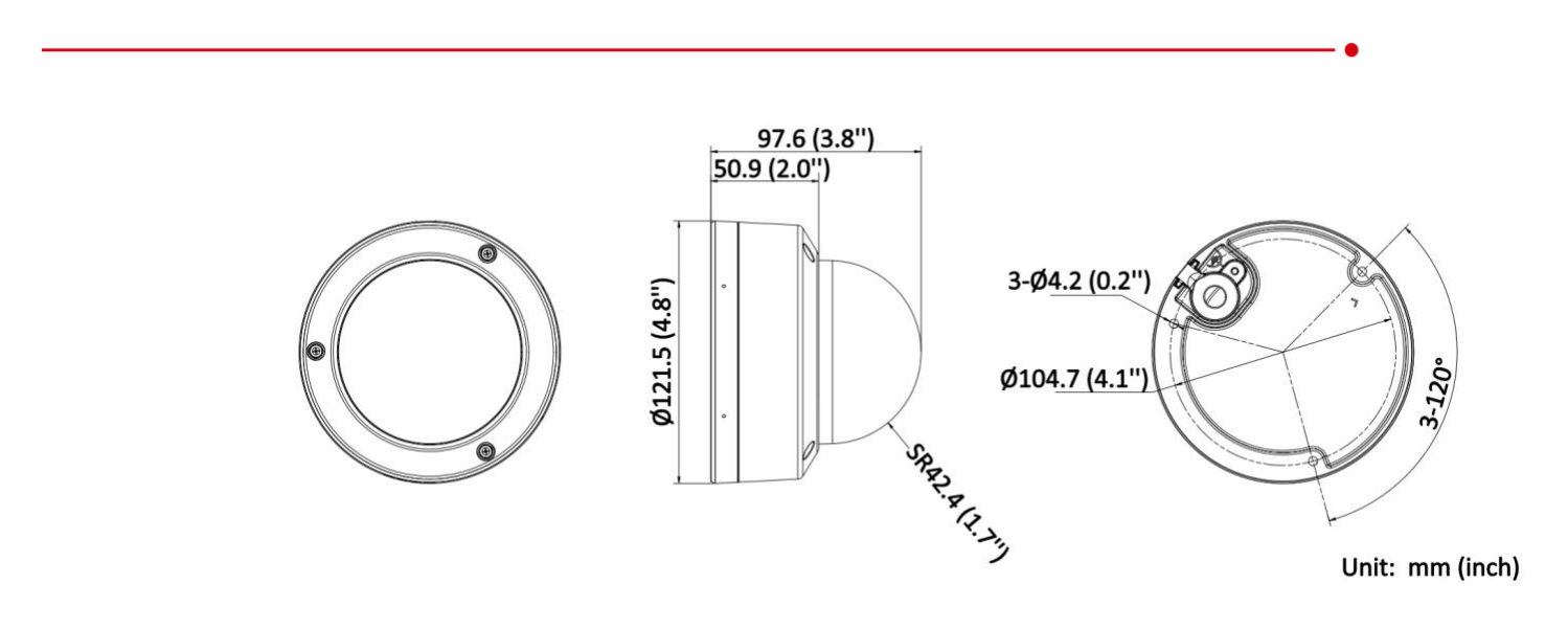 DS-2CD3146G2-IS 外形尺寸圖 Ø 121.5 mm × 97.6 mm (Ø 4.8" × 3.8")｜重量 Approx. 500 g (1.1 lb.)｜Unit: mm
