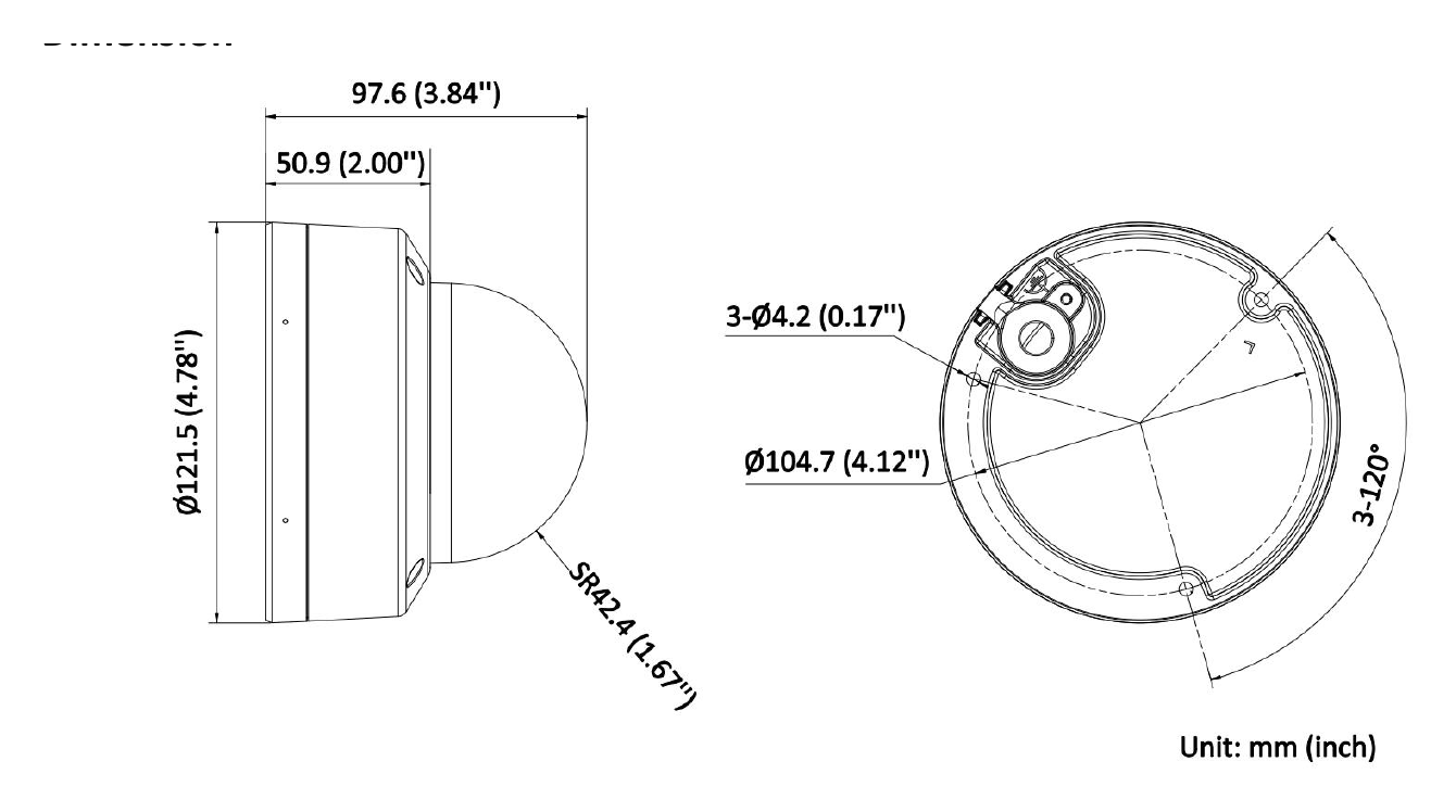 DS-2CD3161G2E-LIU 外形尺寸圖 Ø 121.5 mm × 97.6 mm (Ø 4.78" × 3.84")｜重量 Approx. 490 g (1.1 lb.)｜Unit: mm