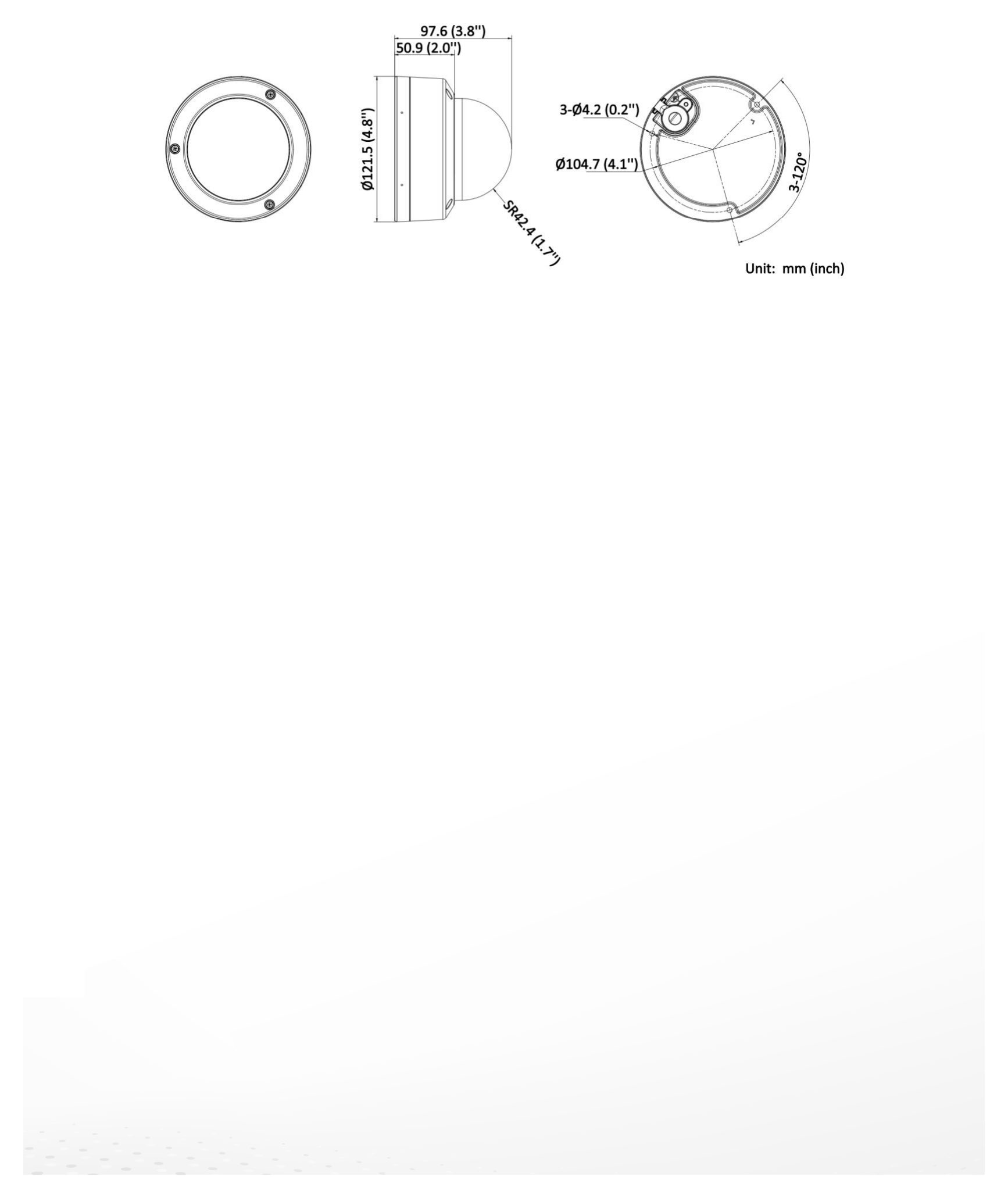 DS-2CD3163G2-ISU-B 外形尺寸圖 Ø 121.5 mm × 97.6 mm (Ø 4.78" × 3.84")｜重量 Approx. 600 g (1.3 lb.)｜Unit: mm
