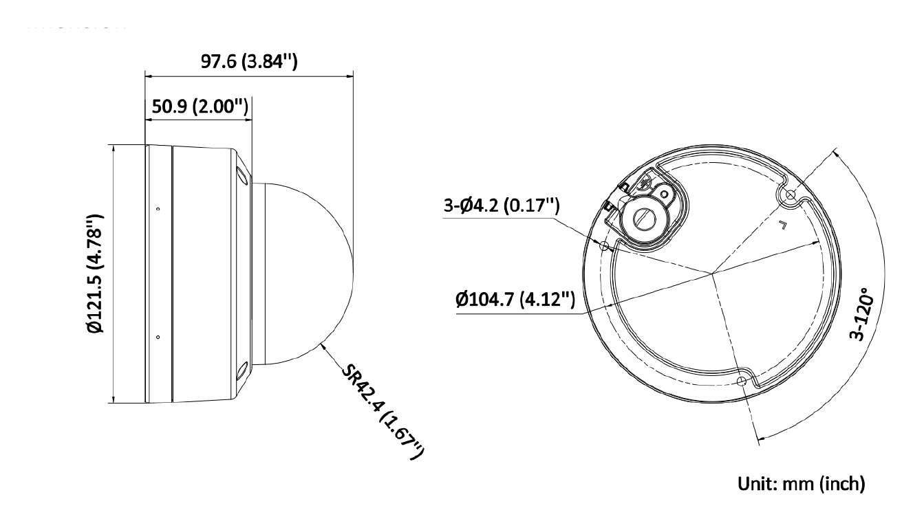 DS-2CD3163G2-LISU 外形尺寸圖 Ø 121.5 mm × 97.6 mm (Ø 4.78" × 3.84")｜重量 Approx. 600 g (1.3 lb.)｜Unit: mm