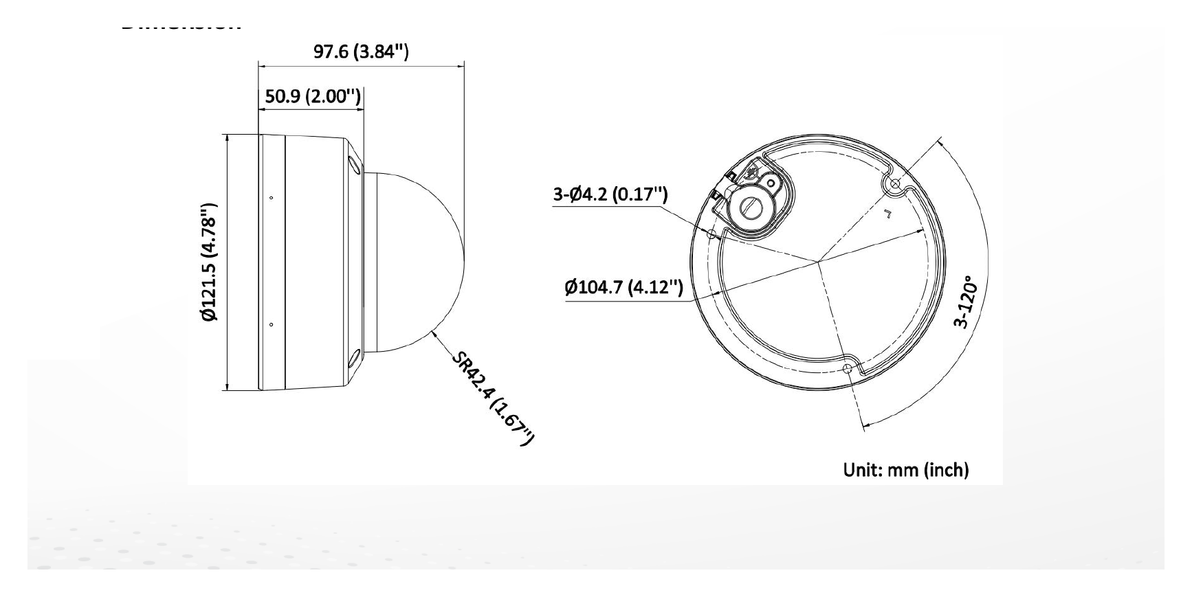 DS-2CD3166G3-LISUY 外形尺寸圖 Ø 121.5 mm × 97.6 mm (Ø 4.8" × 3.8")｜重量 Approx. 630 g (1.4 lb.)｜Unit: mm