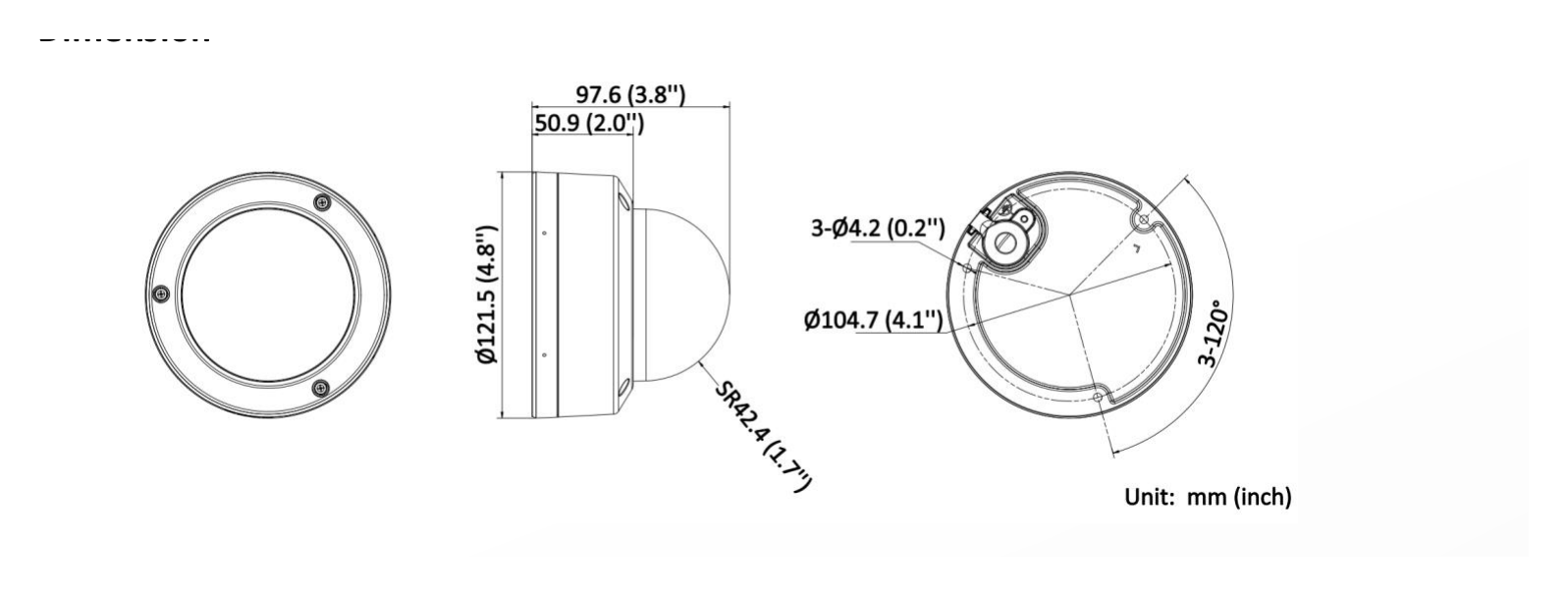 DS-2CD3183G2-ISU 外形尺寸圖 Ø 121.5 mm × 97.6 mm (Ø 4.78" × 3.84")｜重量 Approx. 620 g (1.4 lb.)｜Unit: mm