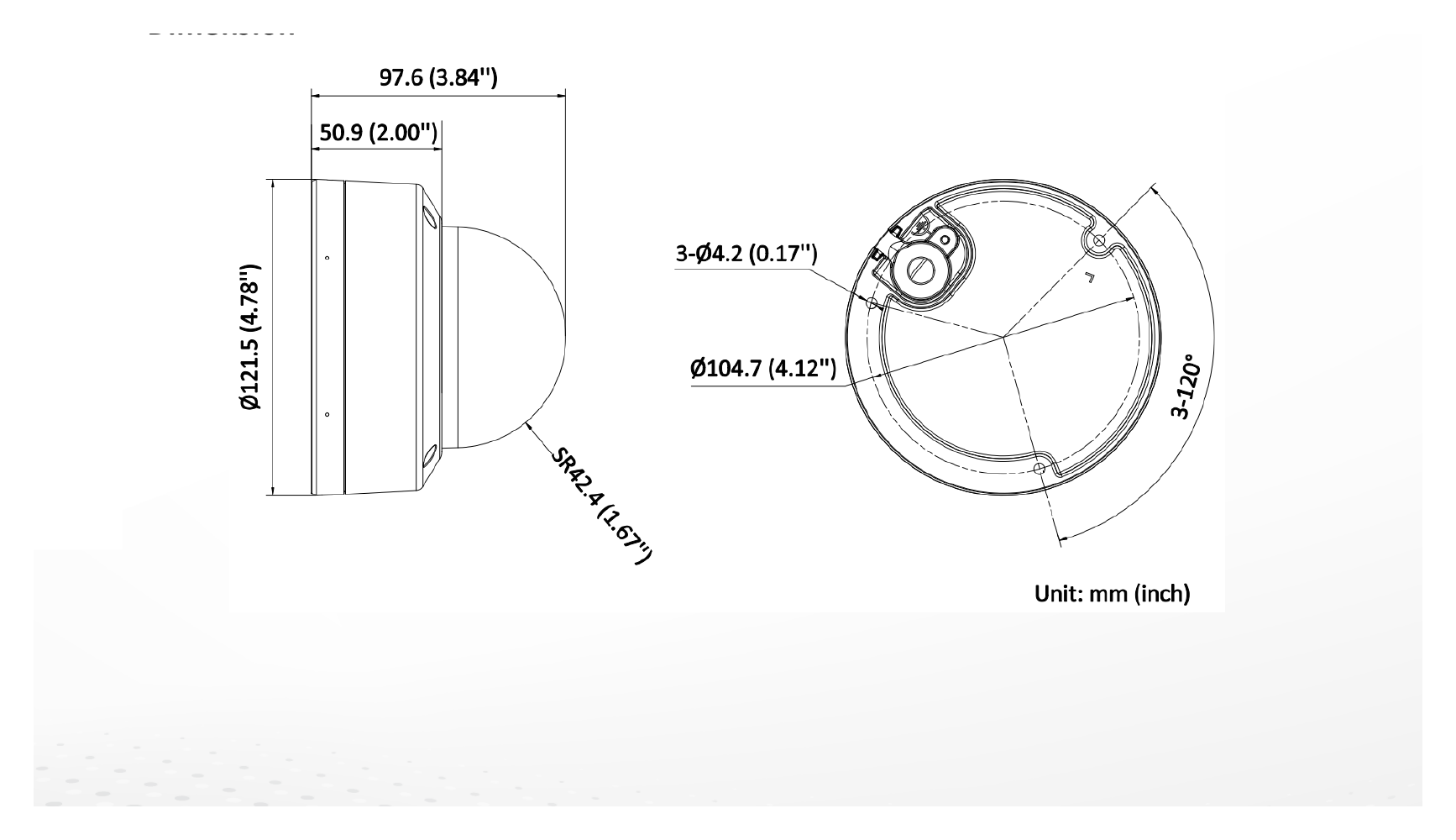 DS-2CD3183G2-LISUSAUDI 外形尺寸圖 Ø 121.5 mm × 97.6 mm (Ø 4.78" × 3.84")｜重量 Approx. 600 g (1.3 lb.)｜Unit: mm