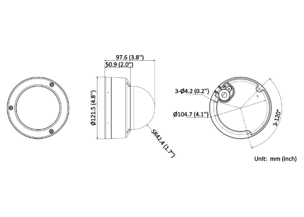 DS-2CD3186G2-ISCKV 外形尺寸圖 Ø 121.5 mm × 97.6 mm (Ø 4.8" × 3.8")｜重量 Approx. 500 g (1.1 lb.)