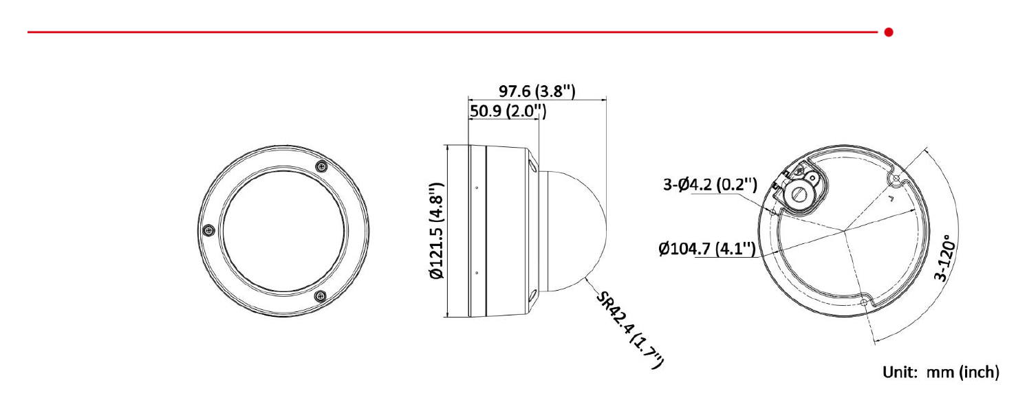 DS-2CD3186G2-ISU-H 外形尺寸圖 Ø 121.5 mm × 97.6 mm (Ø 4.8" × 3.8")｜重量 Approx. 500 g (1.1 lb.)｜Unit: mm