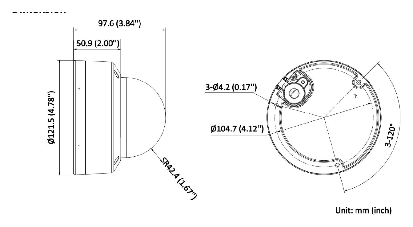 DS-2CD3186G3-LISUY 外形尺寸圖 Ø 121.5 mm × 97.6 mm (Ø 4.8" × 3.8")｜重量 Approx. 630 g (1.4 lb.)｜Unit: mm