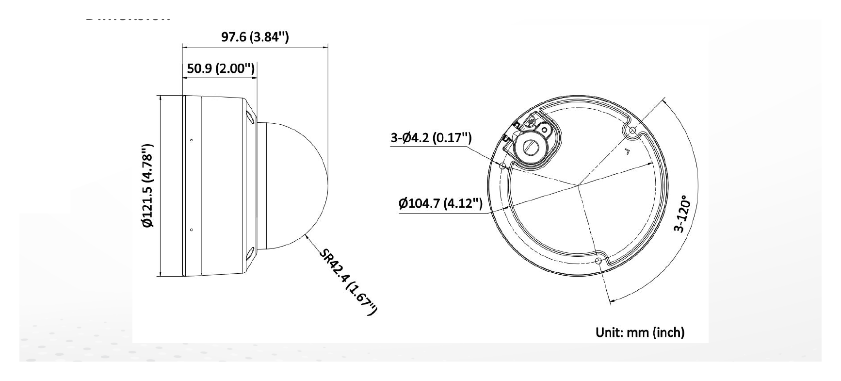 DS-2CD3187G3-LISUY 外形尺寸圖 Ø 121.5 mm × 97.6 mm (Ø 4.8" × 3.8")｜重量 Approx. 630 g (1.4 lb.)｜Unit: mm