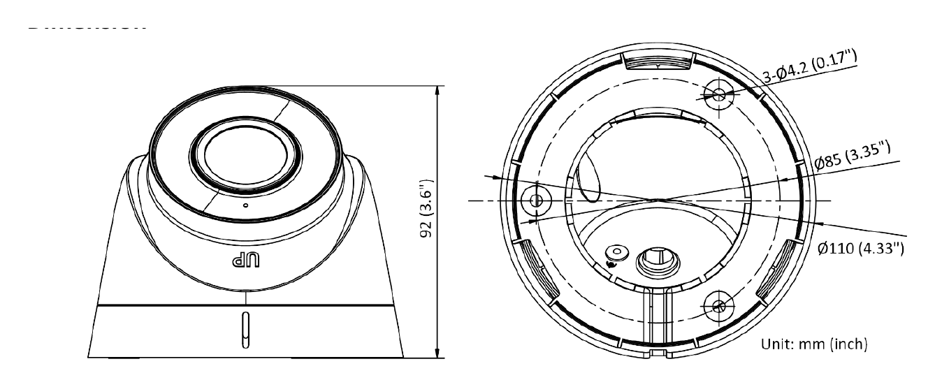 DS-2CD3321G2-IUF 外形尺寸圖 Ø 110 mm × 92 mm (Ø 4.33" × 3.6")｜重量 Approx. 360 g (0.8 lb.)｜Unit: mm