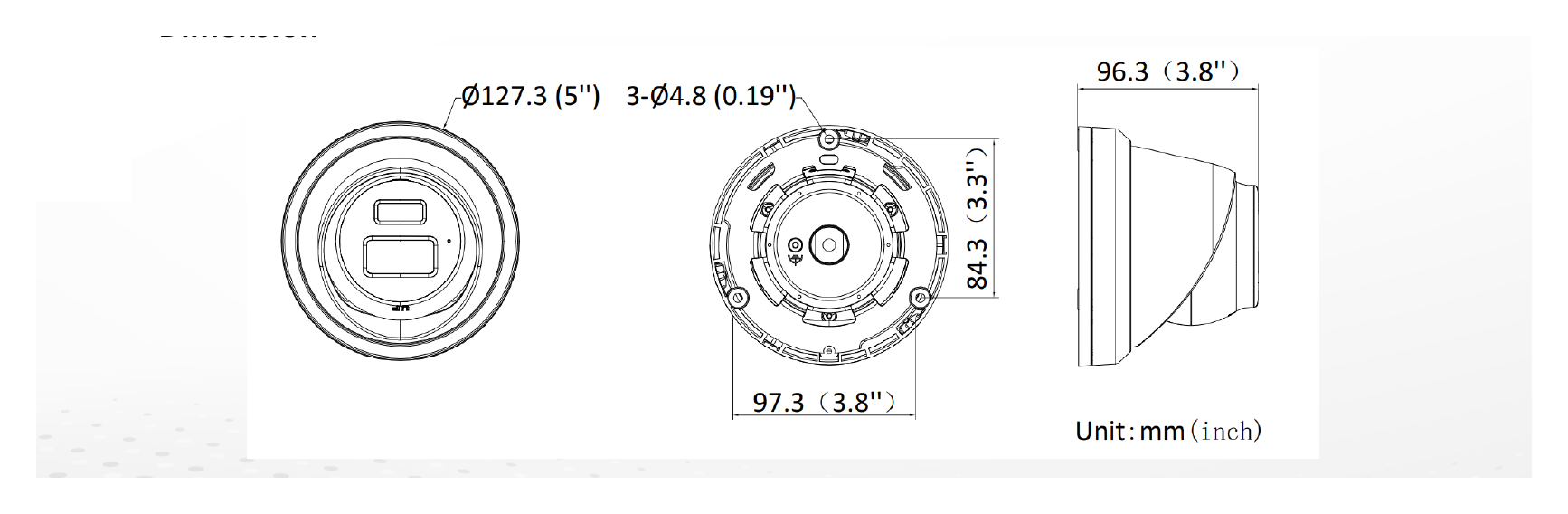 DS-2CD3323G2-ISU-B 外形尺寸圖 Ø 127.3 mm × 96.3 mm (Ø 5.0" × 3.8")｜重量 Approx. 635 g (1.4 lb.)｜Unit: mm