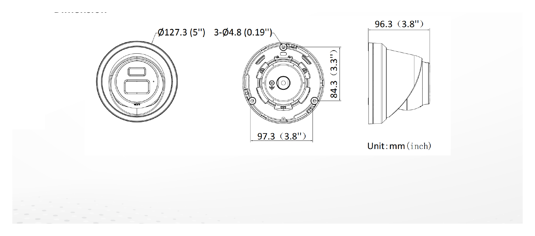 DS-2CD3323G2-LIU/SL 外形尺寸圖 Ø 127.3 mm × 96.3 mm (Ø 5" × 3.8")｜重量 Approx. 590 g (1.1 lb.)｜Unit: mm