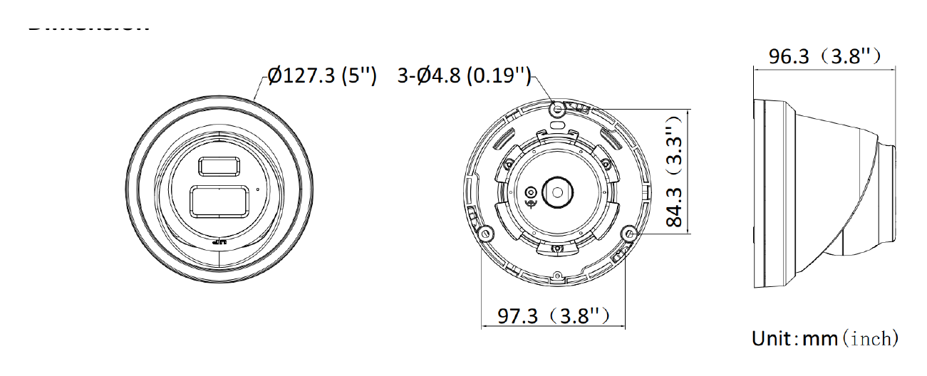 DS-2CD3343G2-LISU 外形尺寸圖 Ø 127.3 mm × 96.3 mm (Ø 5.0" × 3.8")｜重量 Approx. 600 g (1.3 lb.)｜Unit: mm