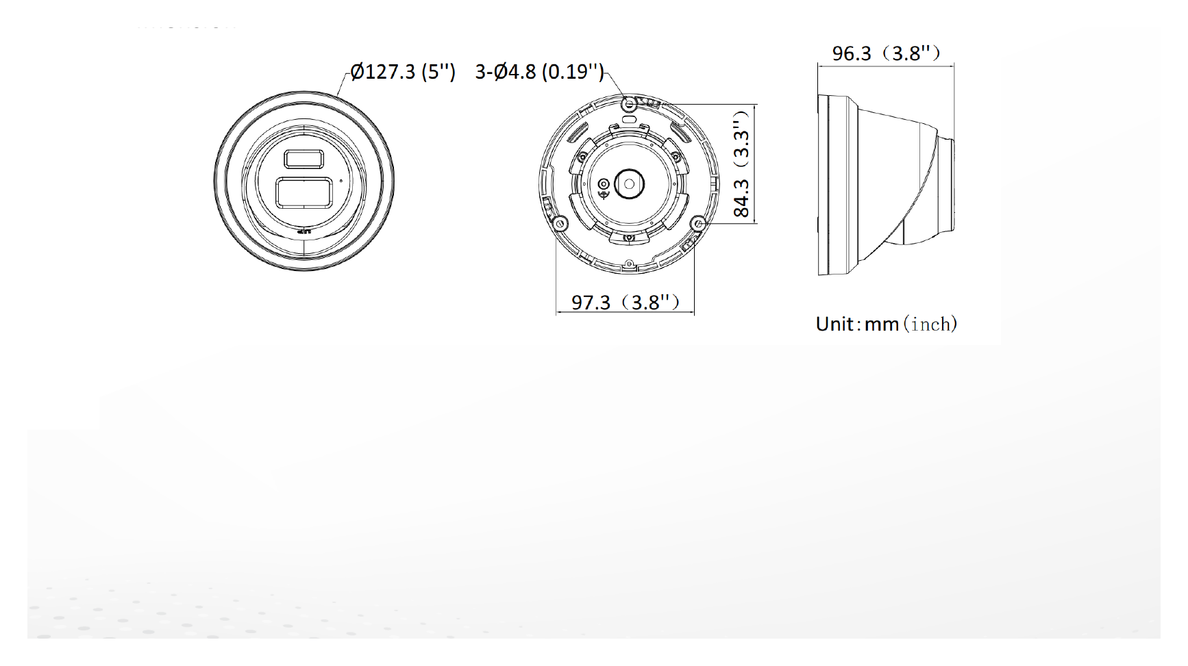 DS-2CD3343G2-LIU 外形尺寸圖 Ø 127.3 mm × 96.3 mm (Ø 5" × 3.8")｜重量 Approx. 590 g (1.1 lb.)｜Unit: mm
