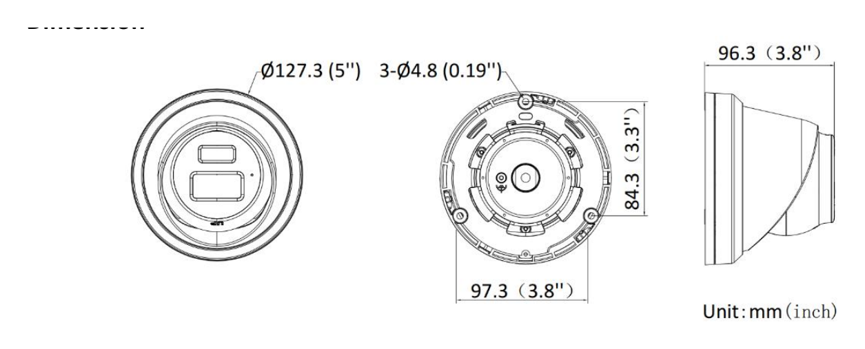 DS-2CD3346G2-ISU-H 外形尺寸圖 Ø 127.3 mm × 96.3 mm (Ø 5" × 3.8")｜重量 Approx. 630 g (1.4 lb.)｜Unit: mm