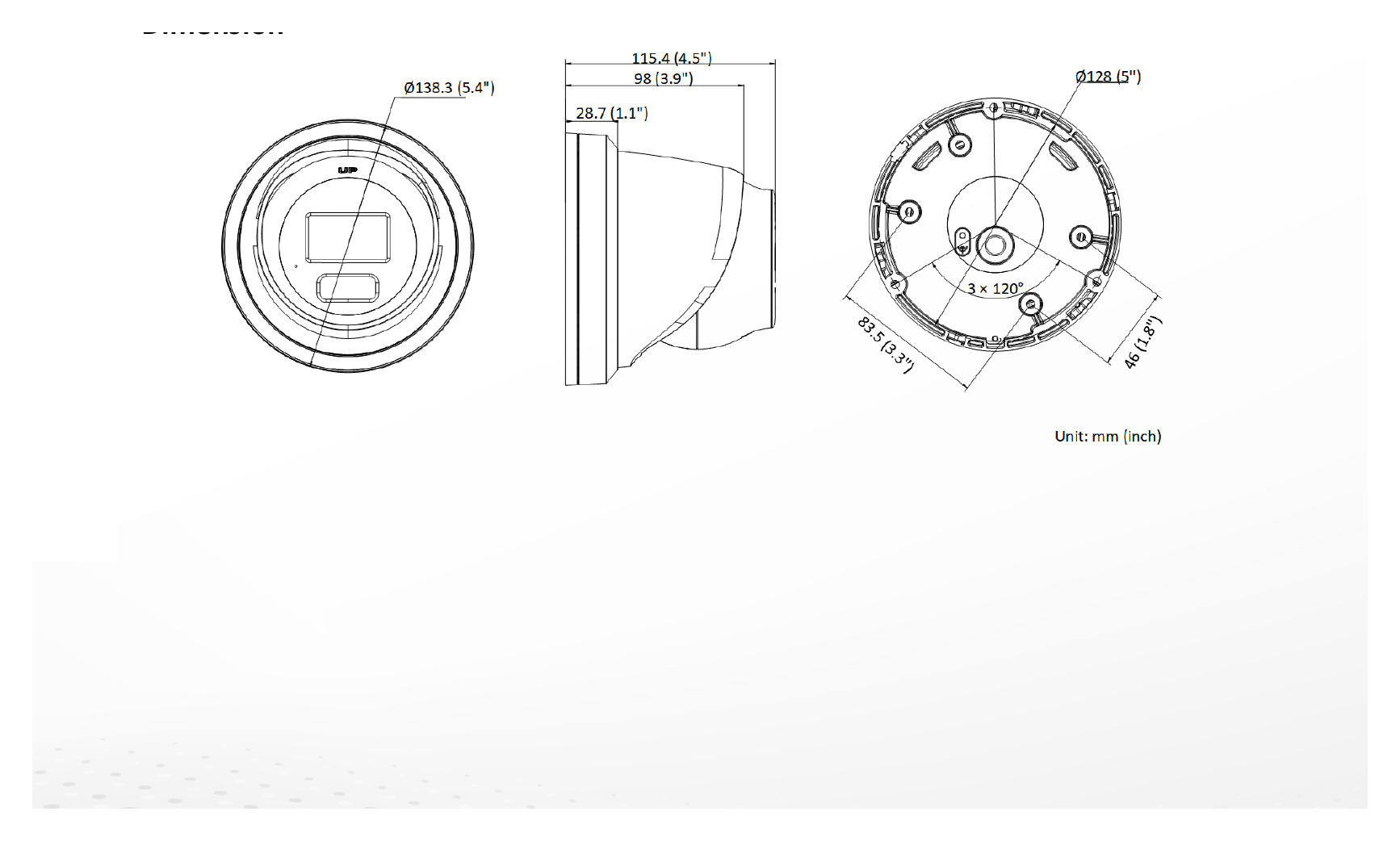 DS-2CD3346G3-LISUY 外形尺寸圖 Ø 138.3 mm × 115.4 mm (Ø 5.4" × 4.5")｜重量 Approx. 800 g (1.7 lb.)｜Unit: mm