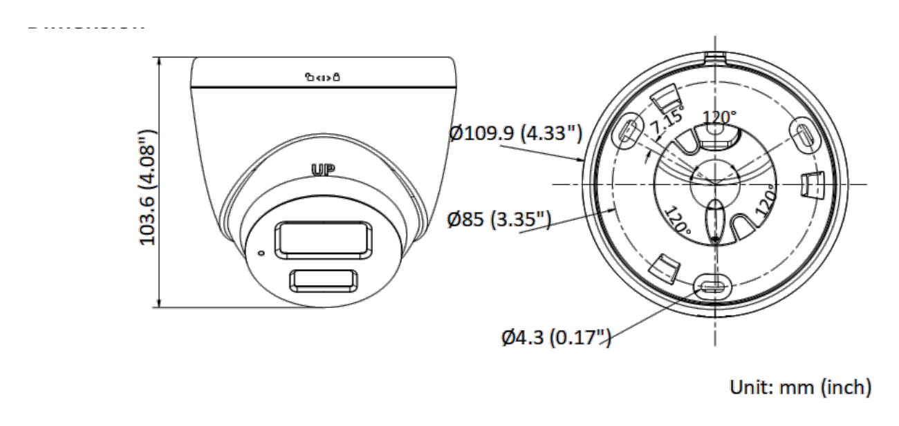 DS-2CD3347G0E-LUF-C 外形尺寸圖 Ø 109.9 mm × 103.6 mm (Ø 4.33" × 4.08")｜重量 Approx. 390 g (0.86 lb.)｜Unit: mm
