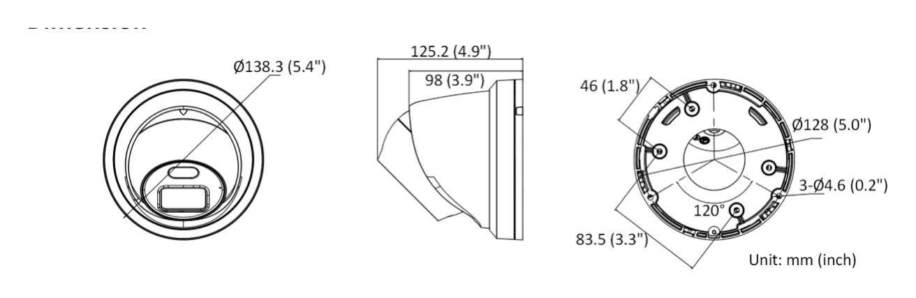 DS-2CD3347G2-LSU-C 外形尺寸圖 Ø 138.3 mm × 125.2 mm (Ø 5.4" × 4.9")｜重量 Approx. 790 g (1.7 lb.)｜Unit: mm