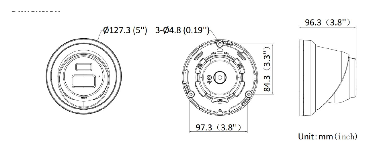 DS-2CD3348G2-LISU 外形尺寸圖 Ø 127.3 mm × 96.3 mm (Ø 5" × 3.8")｜重量 Approx. 550 g (1.2 lb.)｜Unit: mm