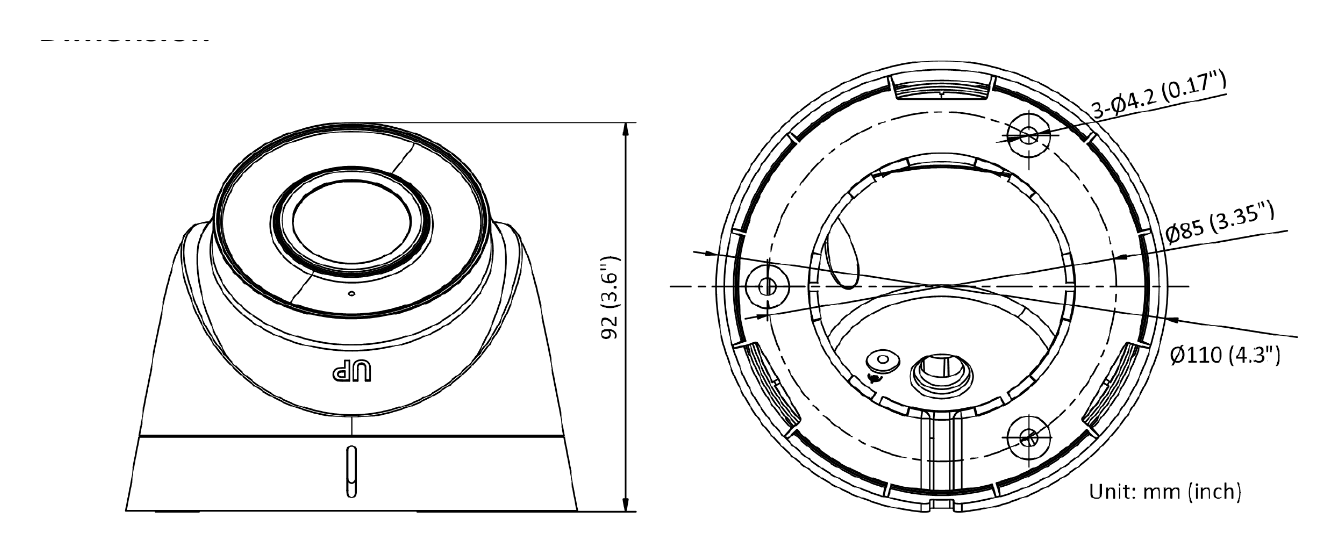 DS-2CD3351G0-IUF-C 外形尺寸圖 Ø 110 mm × 92 mm (4.3" × 3.6")｜重量 Approx. 360 g (0.8 lb.)｜Unit: mm