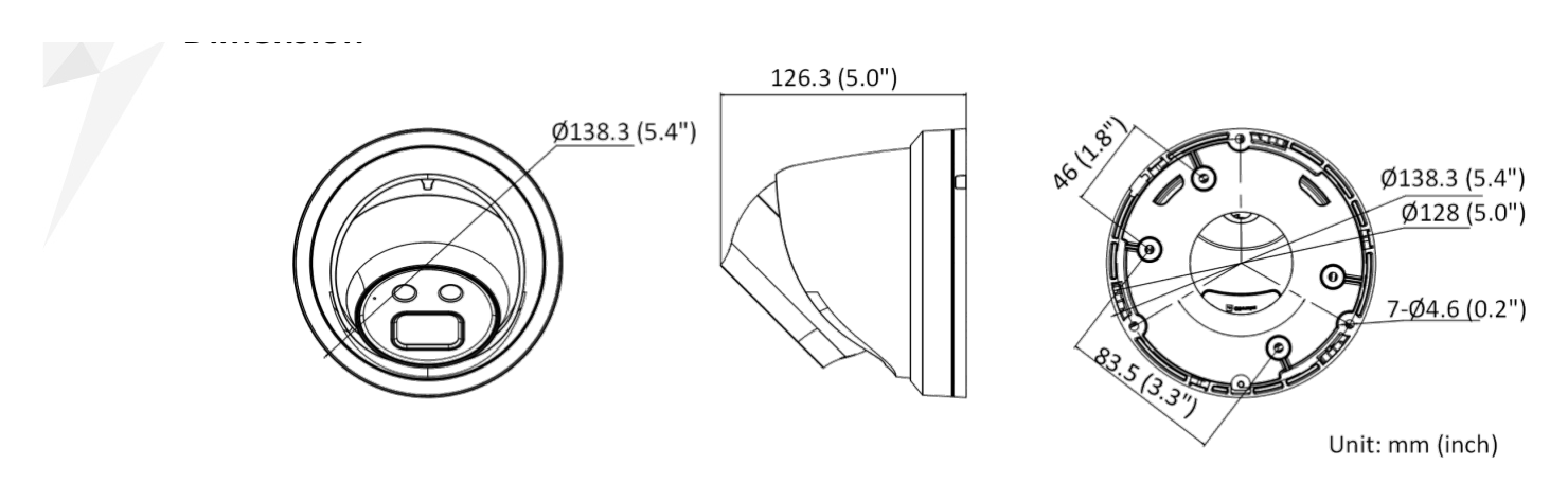 DS-2CD3356G2-ISU-C 外形尺寸圖 Ø 138.3 mm × 126.3 mm (Ø 5.4" × 5.0")｜重量 Approx. 770 g (1.7 lb.)｜Unit: mm