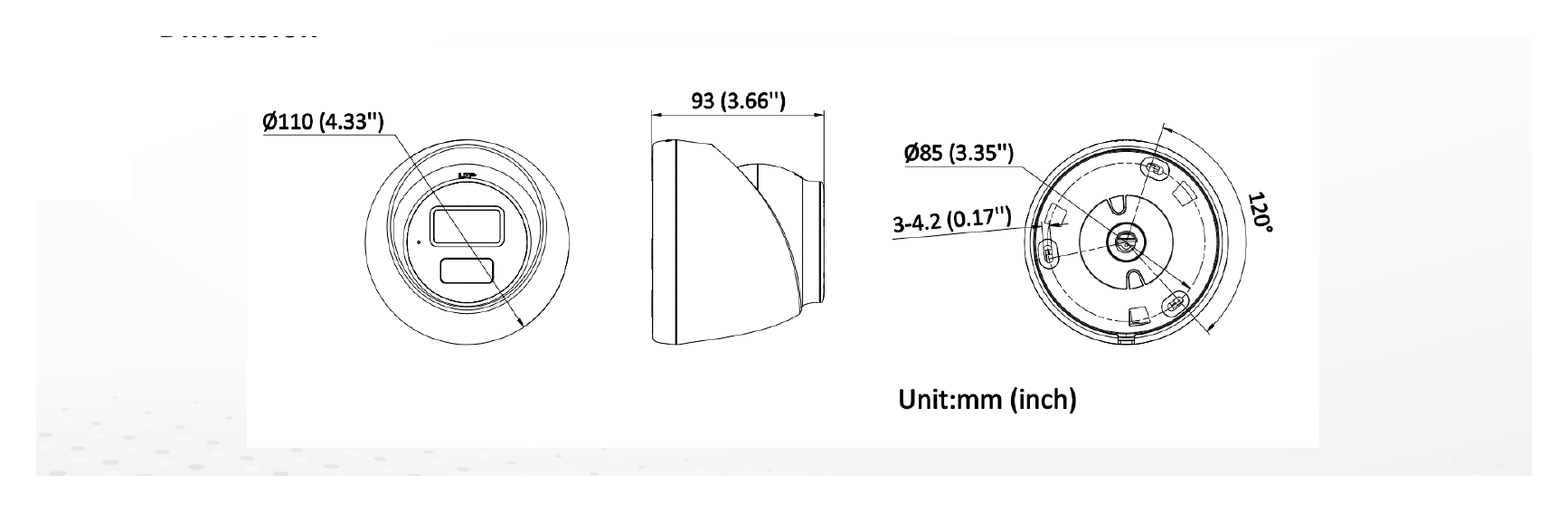 DS-2CD3361G2-LIUF 外形尺寸圖 Ø 110 mm × 93 mm (Ø 4.33" × 3.66")｜重量 Approx. 385 g (0.8 lb.)｜Unit: mm