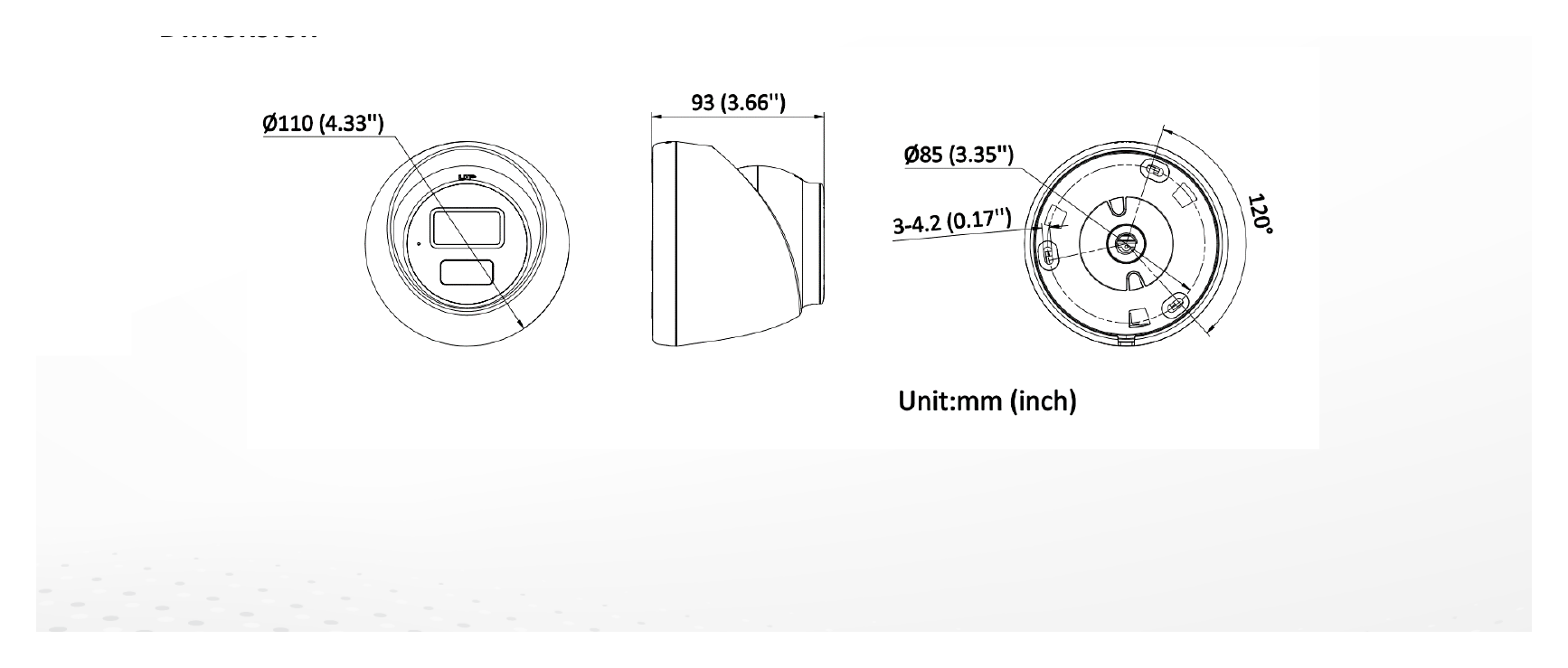 DS-2CD3361G2E-LIU 外形尺寸圖 Ø 110 mm × 93 mm (Ø 4.33" × 3.66")｜重量 Approx. 385 g (0.8 lb.)｜Unit: mm