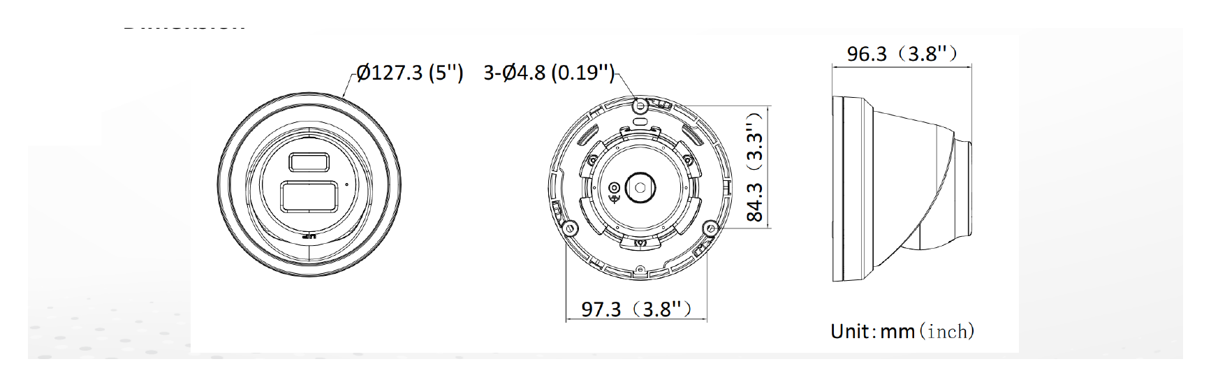 DS-2CD3363G2-ISU-B 外形尺寸圖 Ø 127.3 mm × 96.3 mm (Ø 5.0" × 3.8")｜重量 Approx. 635 g (1.4 lb.)｜Unit: mm