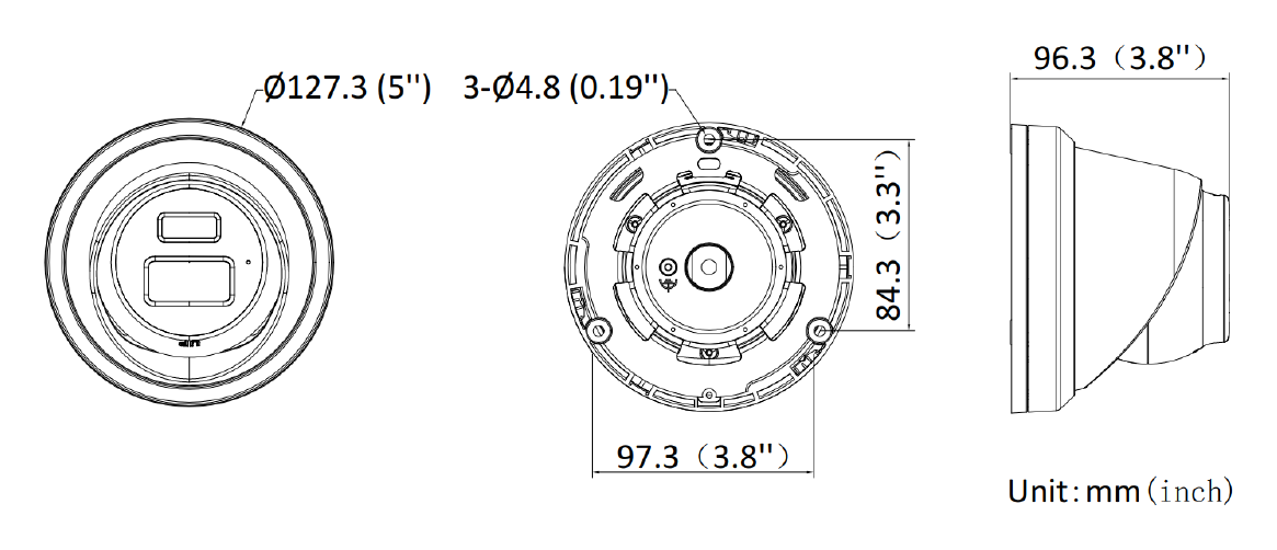 DS-2CD3363G2-LIU/SL 外形尺寸圖 Ø 127.3 mm × 96.3 mm (Ø 5" × 3.8") Package 150 mm × 150 mm × 141 mm (5.9" × 5.5" × 5.5")｜Unit: mm