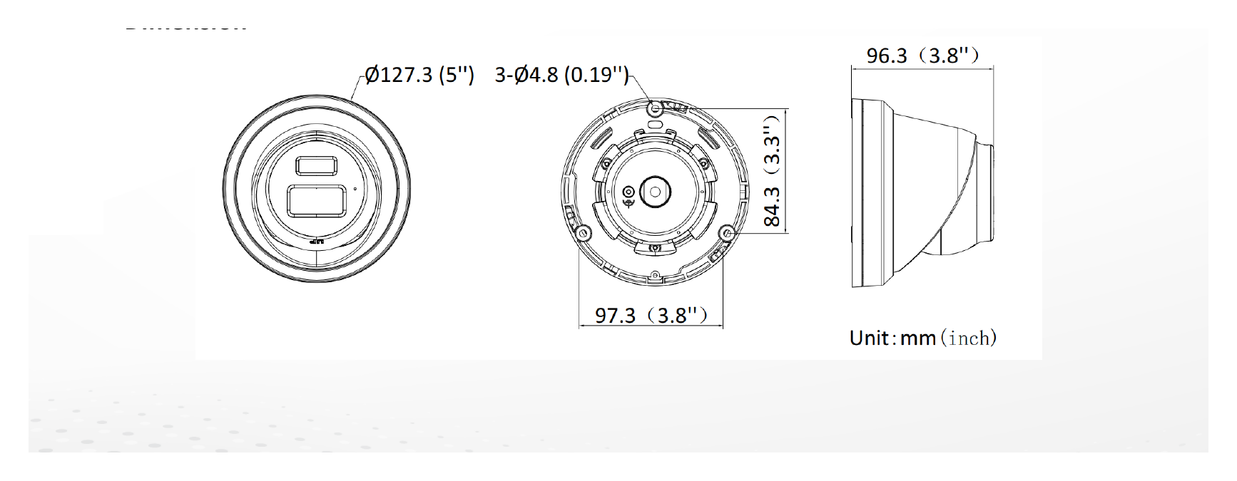 DS-2CD3366G2-ISU-H 外形尺寸圖 Ø 127.3 mm × 96.3 mm (Ø 5" × 3.8")｜重量 Approx. 630 g (1.4 lb.)｜Unit: mm