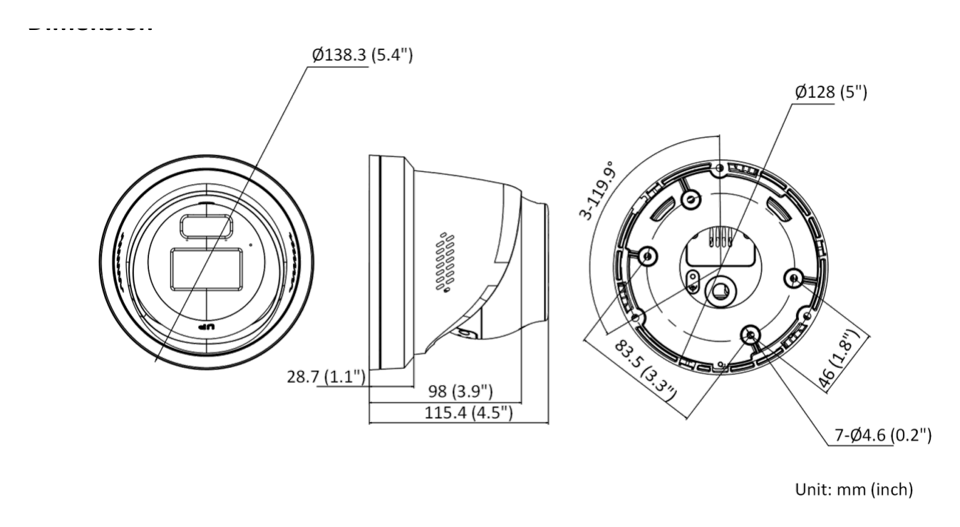 DS-2CD3367G3-LISU 外形尺寸圖 Ø 138.3 mm × 115.4 mm (Ø 5.4" × 4.5") Package 170 mm × 170 mm × 160 mm (6.7" × 6.7" × 6.3")｜Unit: mm