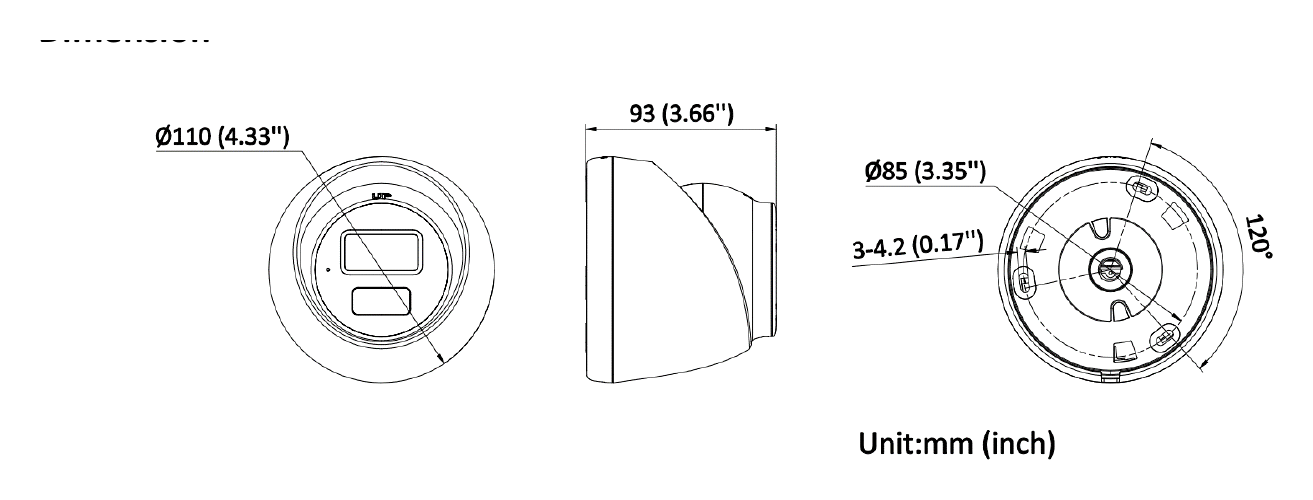 DS-2CD3381G2-LIUF 外形尺寸圖 Ø 110 mm × 93 mm (Ø 4.33" × 3.66")｜重量 Approx. 570 g (1.3 lb.)｜Unit: mm