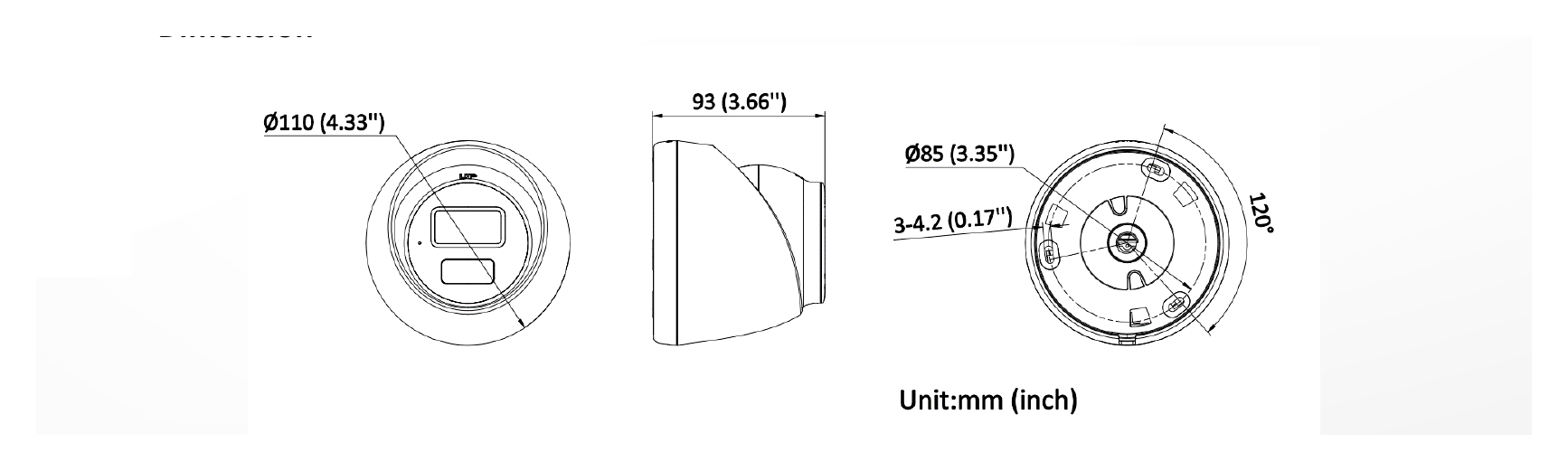 DS-2CD3381G2E-LIU 外形尺寸圖 Ø 110 mm × 93 mm (Ø 4.33" × 3.66")｜重量 Approx. 545 g (1.2 lb.)｜Unit: mm