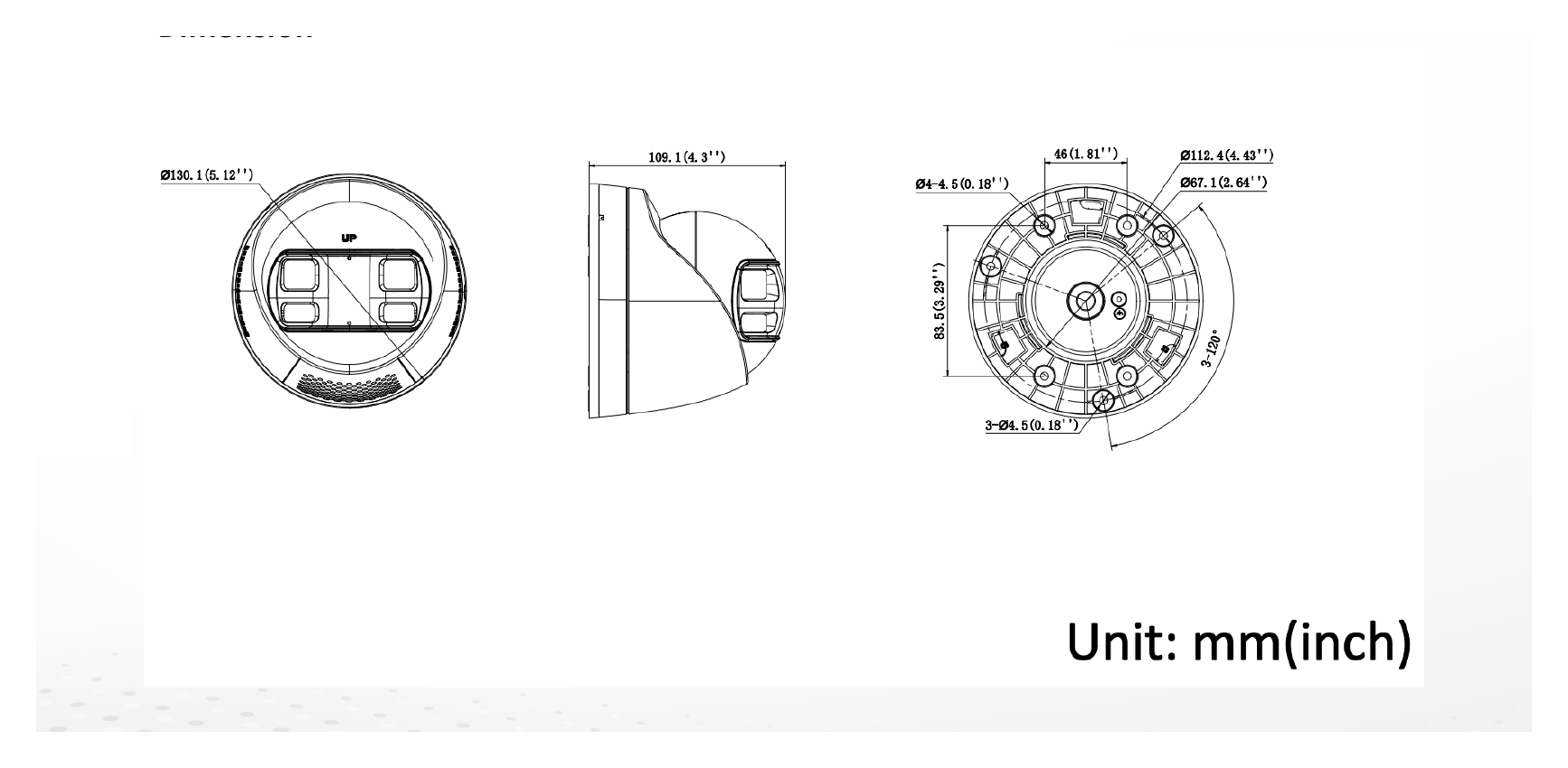 DS-2CD3381G2P-LIUF 外形尺寸圖 Ø 130.1 mm × 109.1 mm (Ø 5.1" × 4.3")｜重量 Approx. 580 g (1.3 lb.)｜Unit: mm