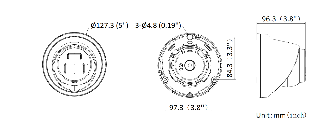 DS-2CD3383G2-ISU-B 外形尺寸圖 Ø 127.3 mm × 96.3 mm (Ø 5.0" × 3.8")｜重量 Approx. 635 g (1.4 lb.)｜Unit: mm