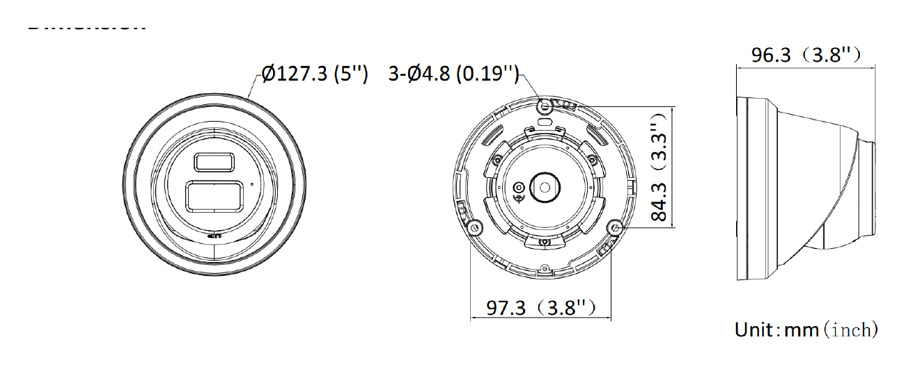 DS-2CD3383G2-LISU 外形尺寸圖 Ø 127.3 mm × 96.3 mm (Ø 5.0" × 3.8")｜重量 Approx. 600 g (1.3 lb.)｜Unit: mm