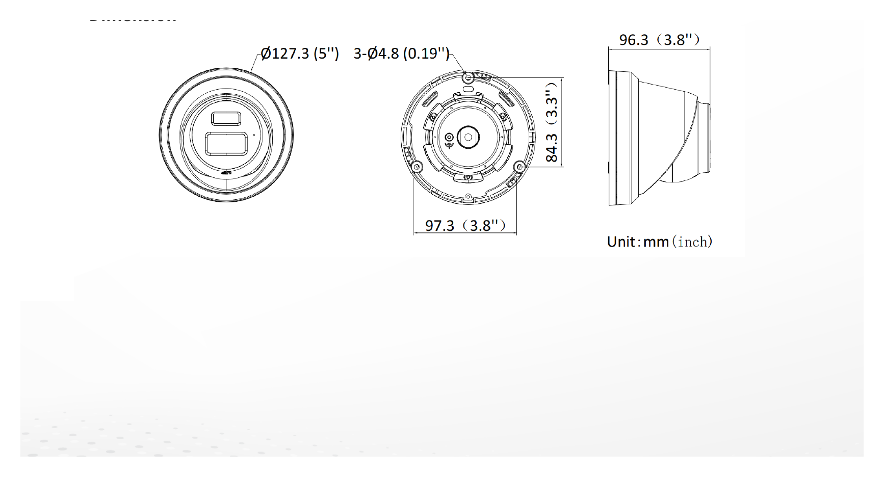 DS-2CD3383G2-LIU 外形尺寸圖 Ø 127.3 mm × 96.3 mm (Ø 5" × 3.8")｜重量 Approx. 590 g (1.1 lb.)｜Unit: mm