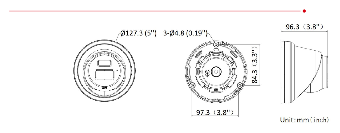 DS-2CD3386G2-ISU-H 外形尺寸圖 Ø 127.3 mm × 96.3 mm (Ø 5" × 3.8")｜重量 Approx. 640 g (1.4 lb.)｜Unit: mm