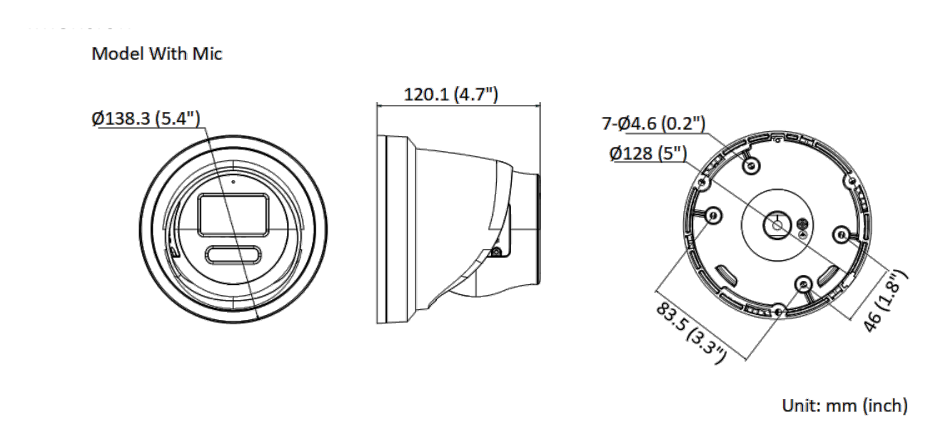 DS-2CD3387G2-LSU 外形尺寸圖 Ø 138.3 mm × 120.1 mm (Ø 5.4" × 4.7")｜重量 Approx. 910 g (2 lb.)｜Unit: mm