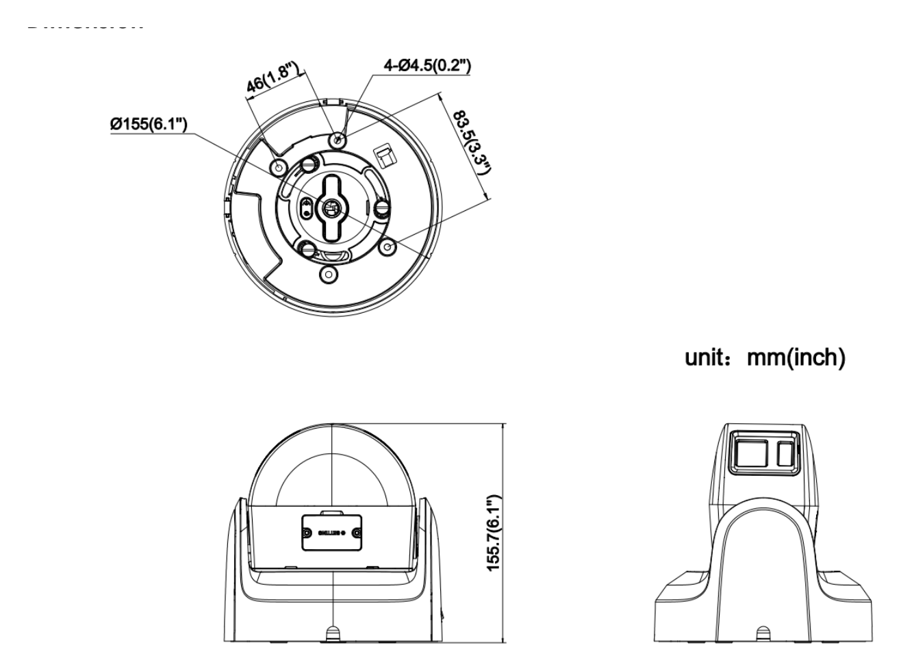 DS-2CD3387G2P-LSU 外形尺寸圖 Ø 155 mm × 155.7 mm (Ø 6.1" × 6.1")｜重量 Approx. 1110 g (2.4 lb.)｜Unit: mm