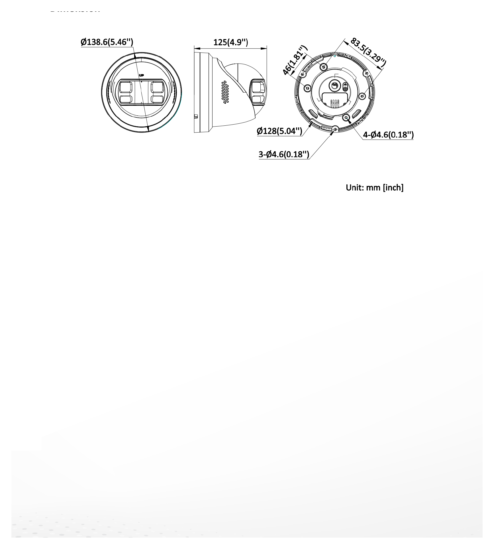 DS-2CD3387G3P-LIHSUY 外形尺寸圖 Ø 138.6 mm × 125 mm (Ø 5.46" × 4.92")｜重量 Approx. 840 g (1.85 lb.)｜Unit: mm