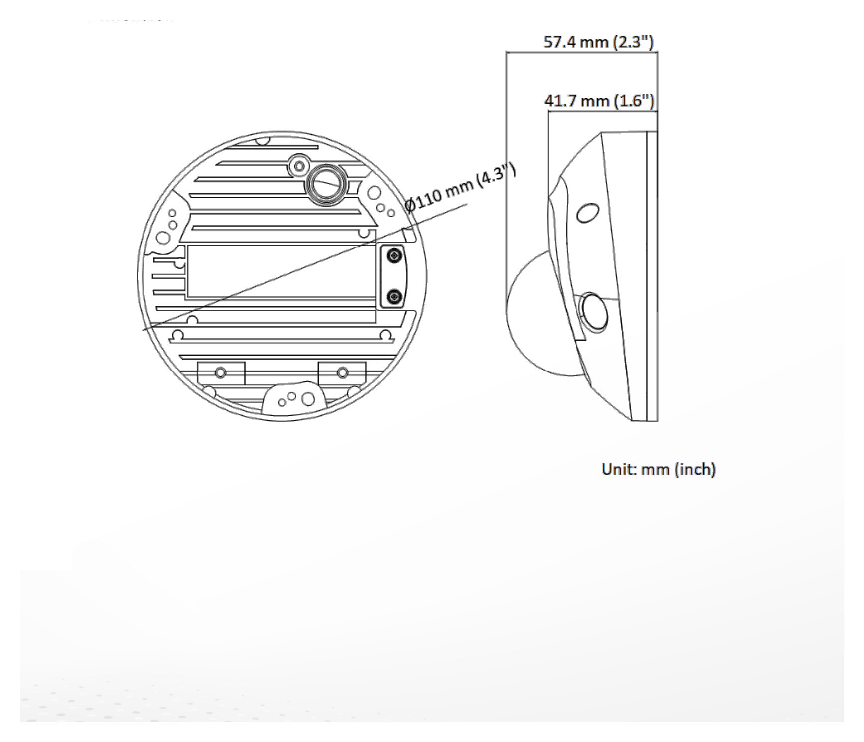 DS-2CD3523G2-IS-B 外形尺寸圖 Ø 113.6 mm × 72.6 mm (Ø 4.5" × 2.9")｜重量 Approx. 410 g (0.9 lb.)｜Unit: mm