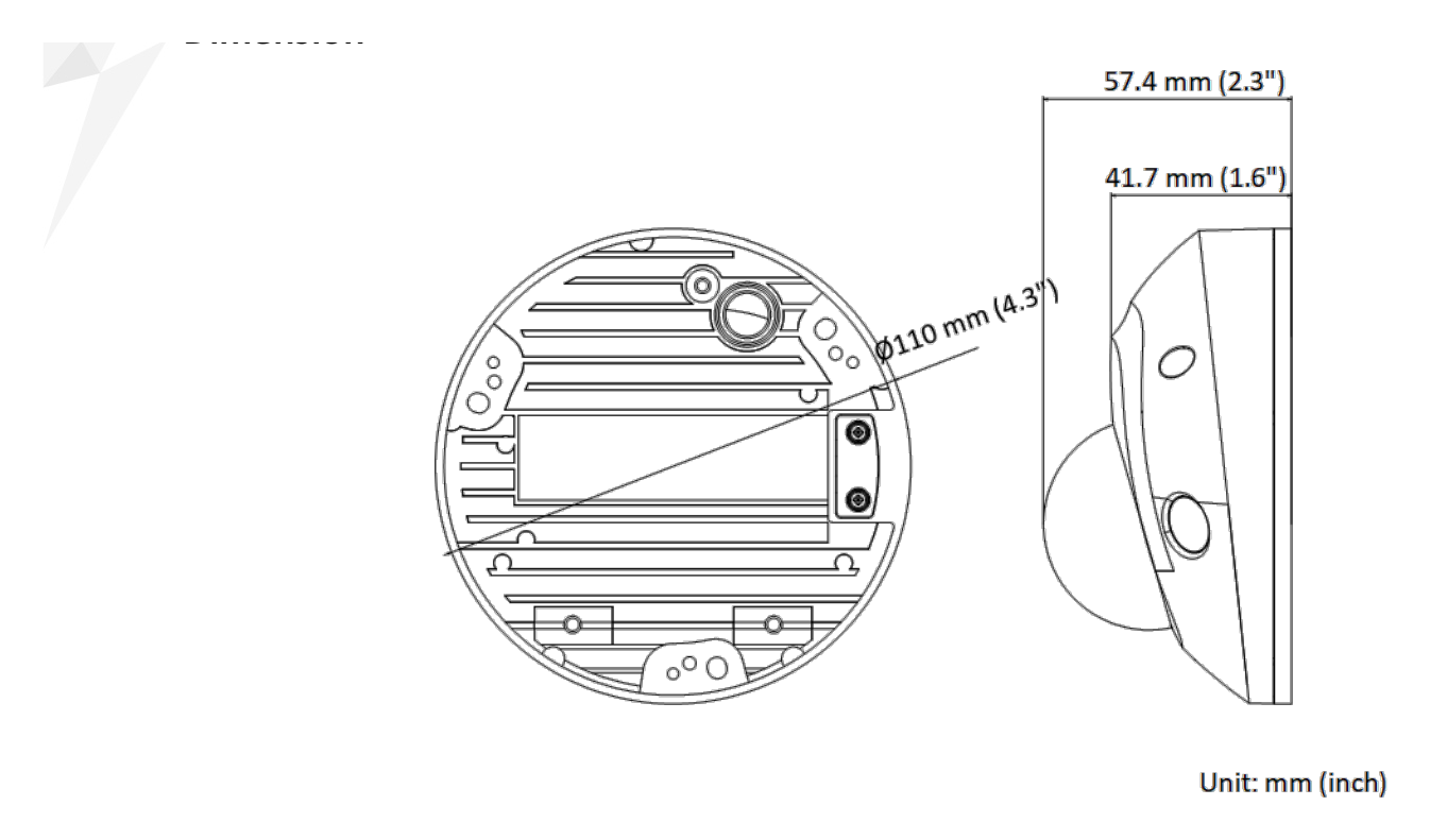DS-2CD3526G2-IS-C 外形尺寸圖 Ø 110 mm × 57.4 mm (Ø 4.3" × 2.3")｜重量 Approx. 385 g (0.8 lb.)｜Unit: mm