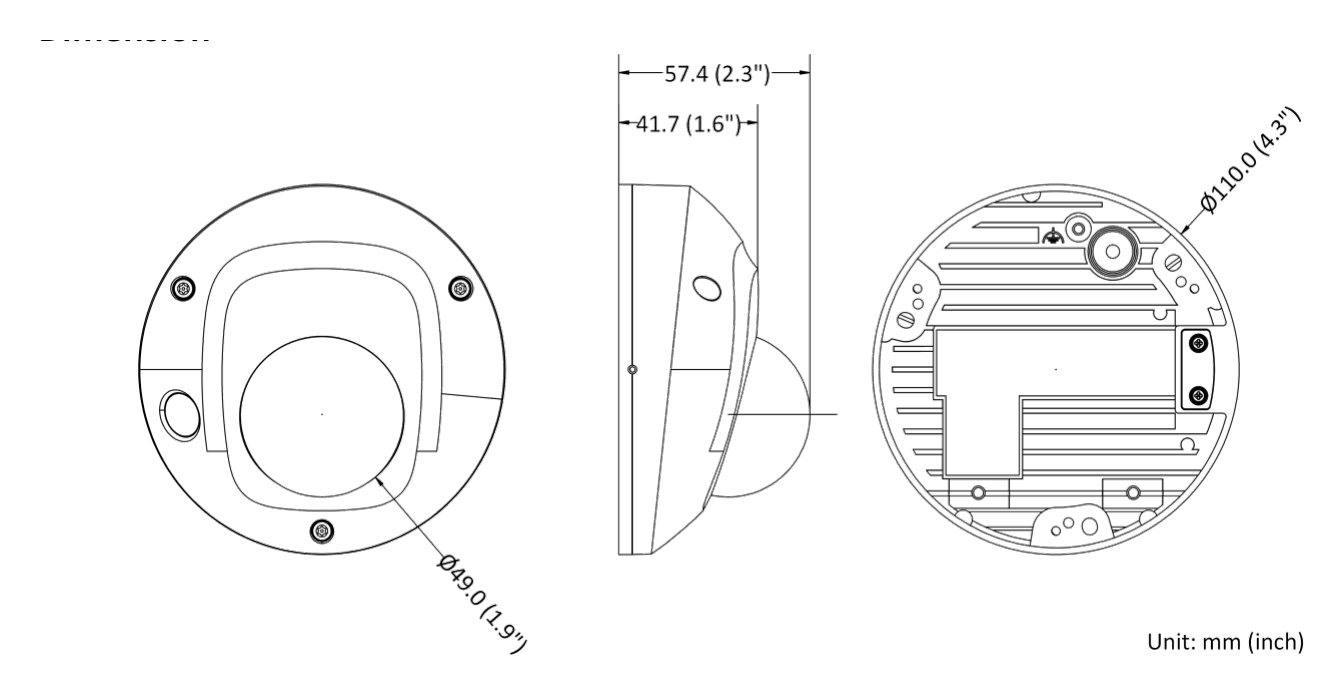 DS-2CD3546G2-IS-H 外形尺寸圖 Ø 110 mm × 57.4 mm (Ø 4.3" × 2.3")｜重量 Approx. 385 g (0.8 lb.)｜Unit: mm